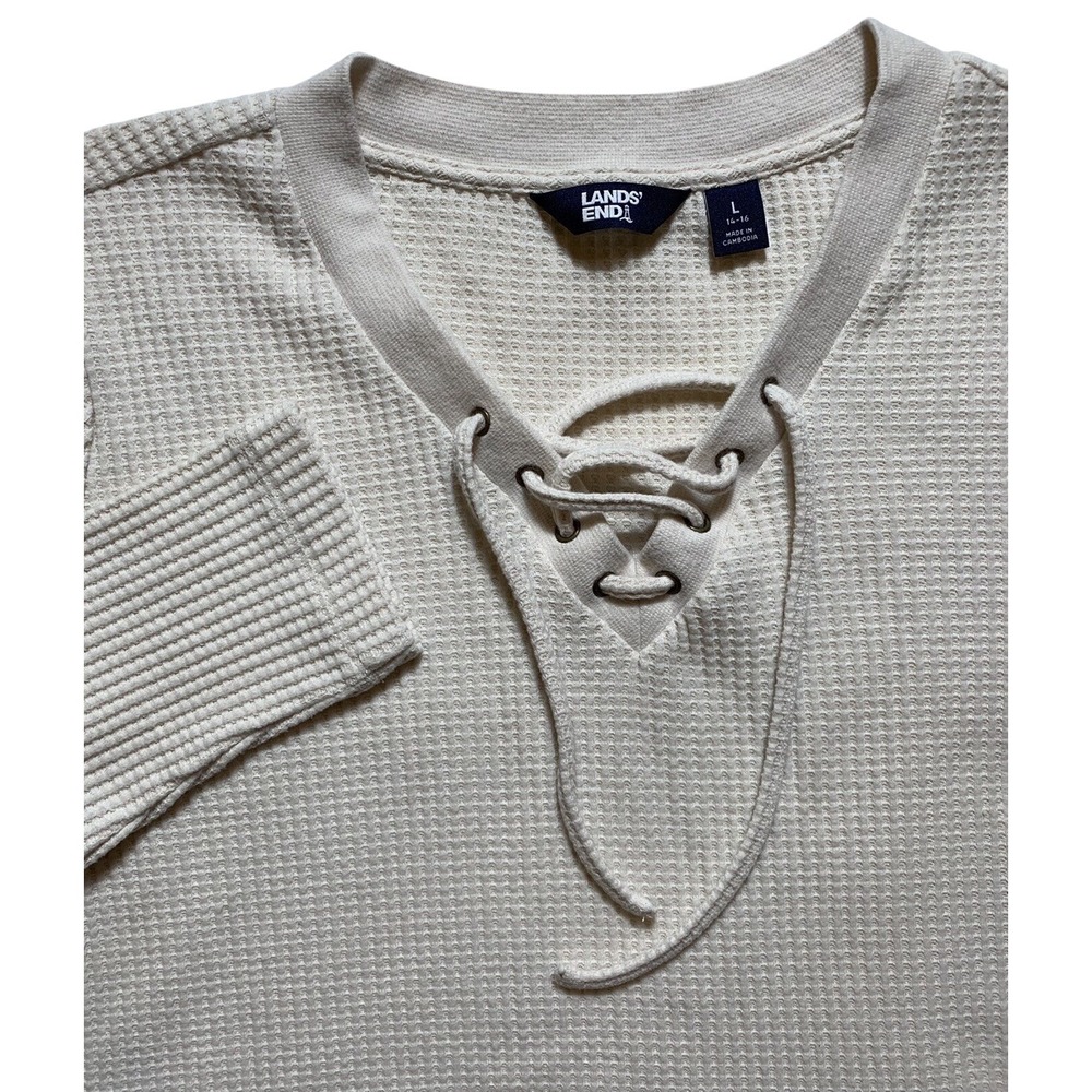 Lands End Women's Large Beige V-Neck Long Sleeve Soft Cable Knit  Sweater -C27 - Picture 2 of 5